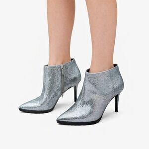 Silver Metallic Pointed Toe Ankle Booties Size 8.5M Stiletto Heel Mix No 6